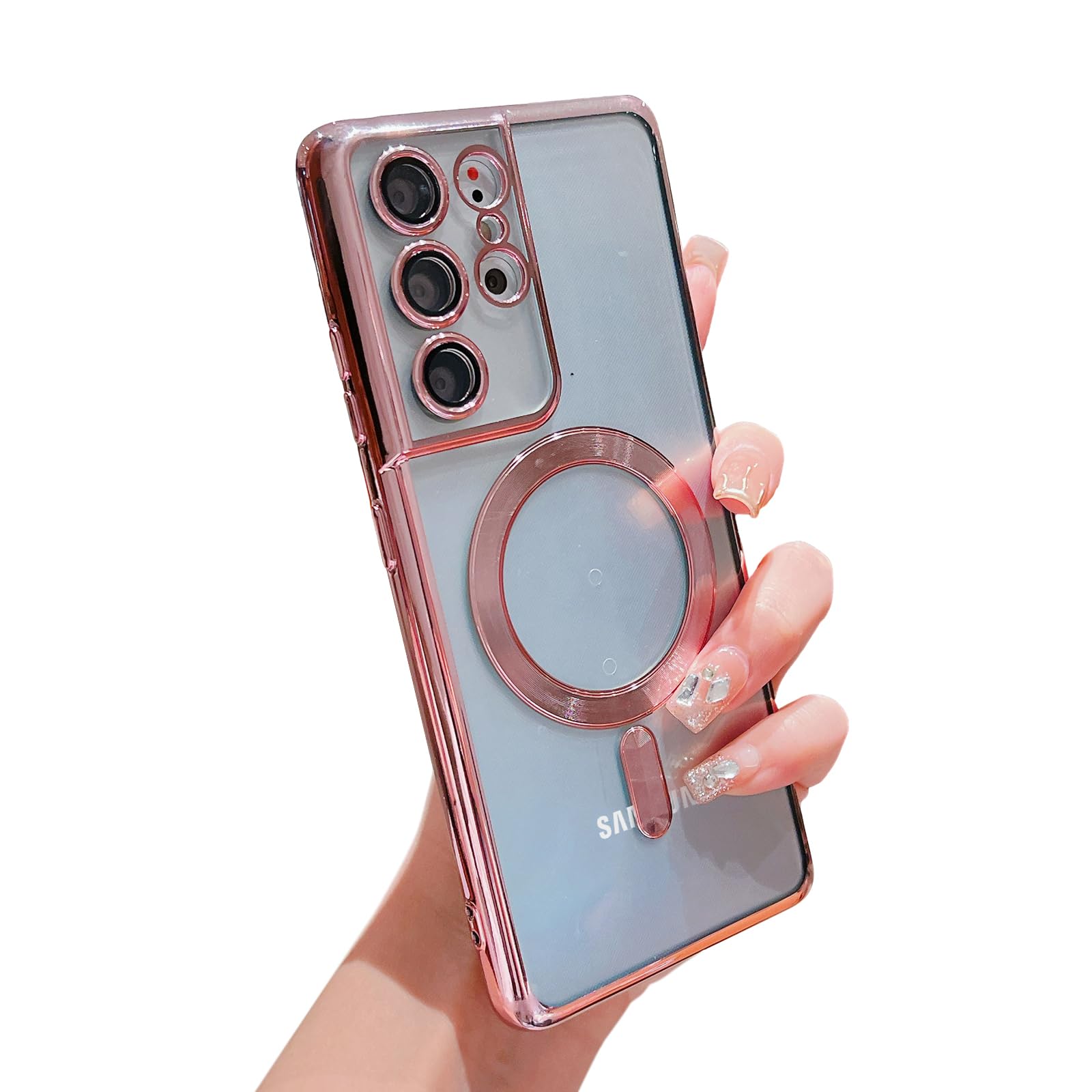 ISEEKIMI Magnetic Case for Samsung Galaxy S21 Ultra for MagSafe Case/Electroplated Clear Slim Samsung S21 Ultra Phone Case/Shockproof Samsung S21 Ultra Case（Pink）